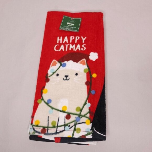 Happy Catmas Christmas Cat Dish Accent Towels Set of 2 Fun Kitties Holiday Decor - Picture 2 of 5